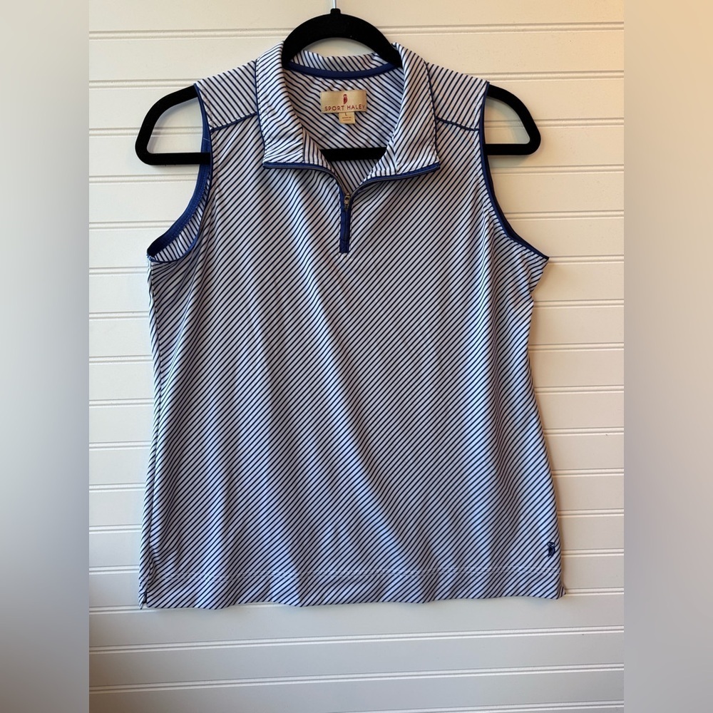 Sport Haley Navy and White Diagonal Stripe Sleeveless Polo Tank